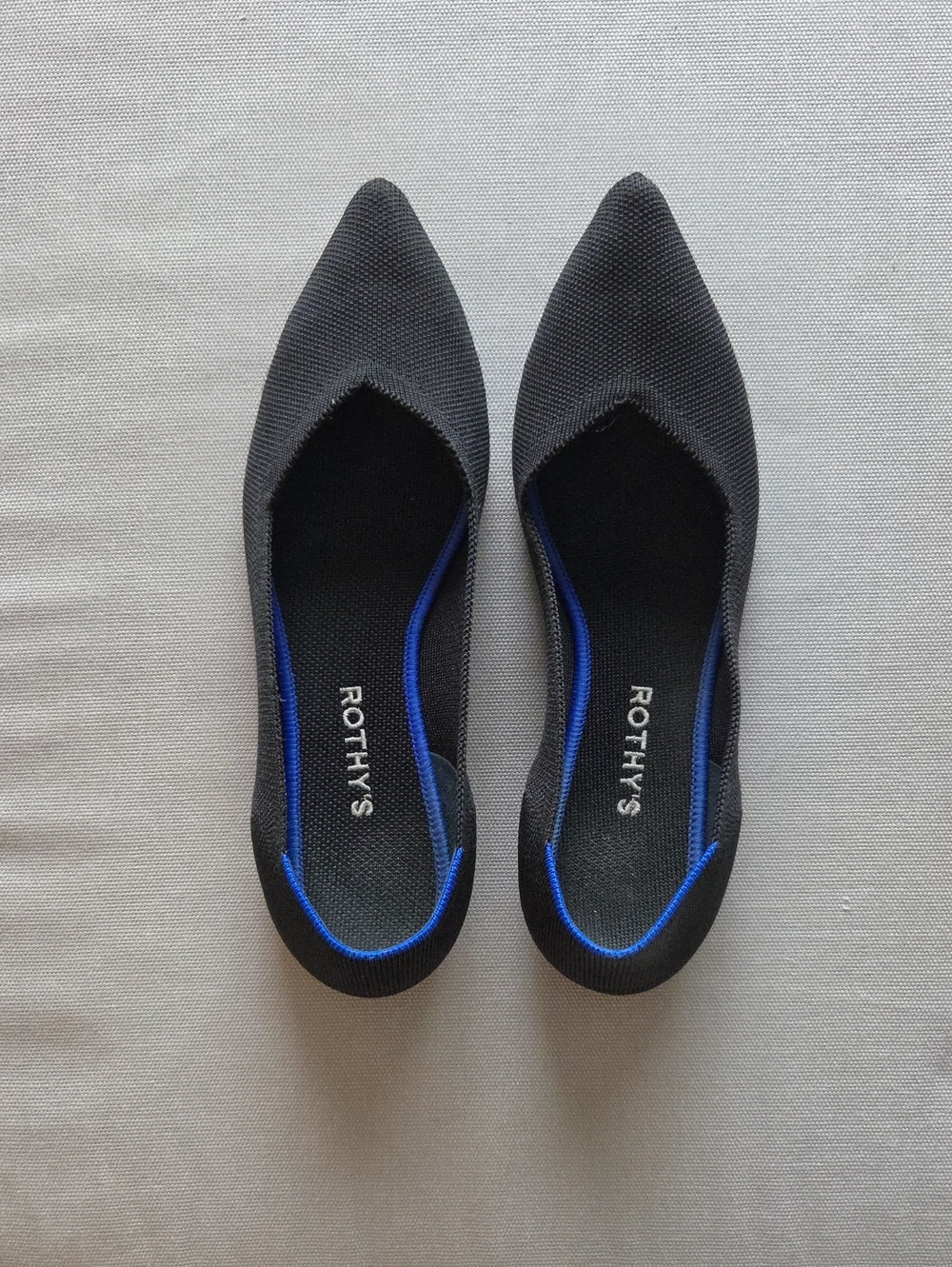 Rothy's Black Pointed Knit Flats with Blue Accent